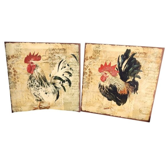 Rustic Farmhouse Rooster Wall Art Set Of 2 Vintage-Inspired Decor 12" Square MDF - Picture 1 of 7